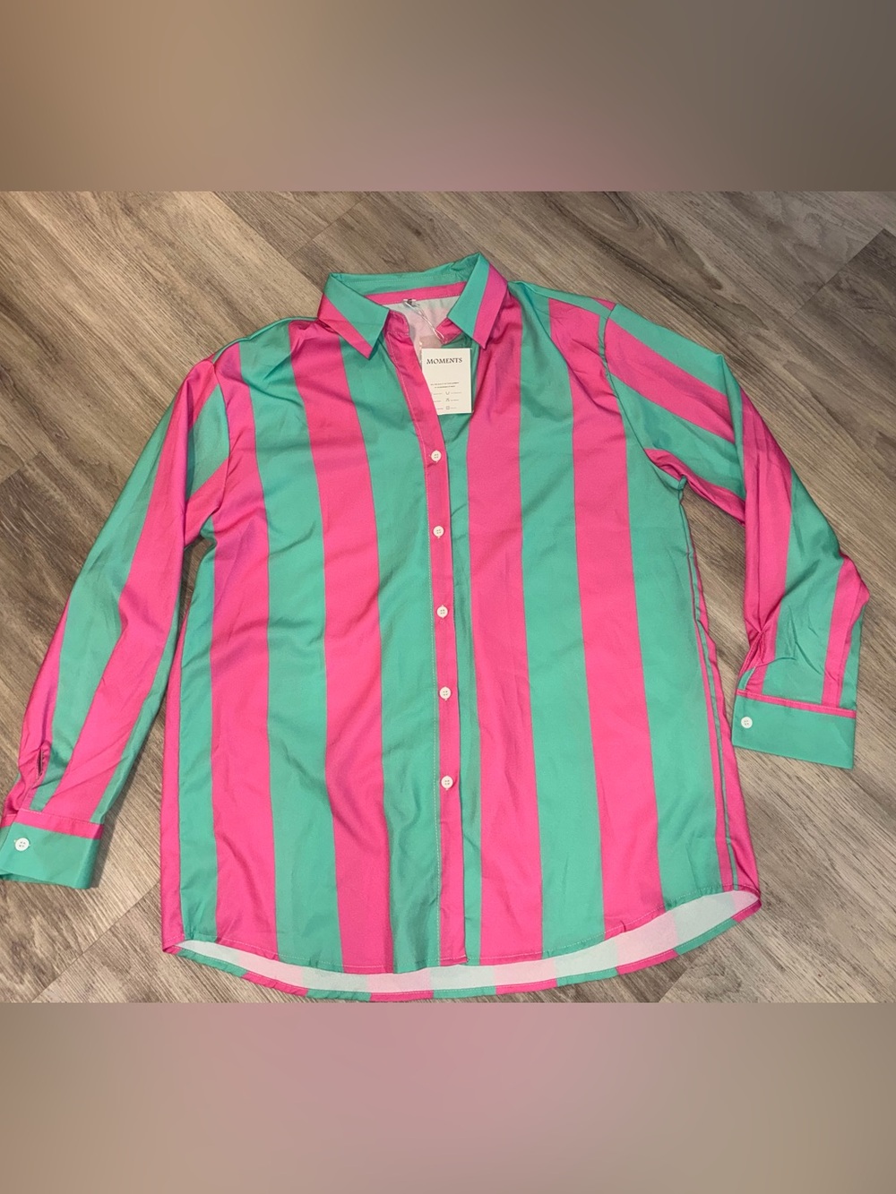 Moments Womens Candy Green and Pink Vertical Stripe Button-Up Shirt